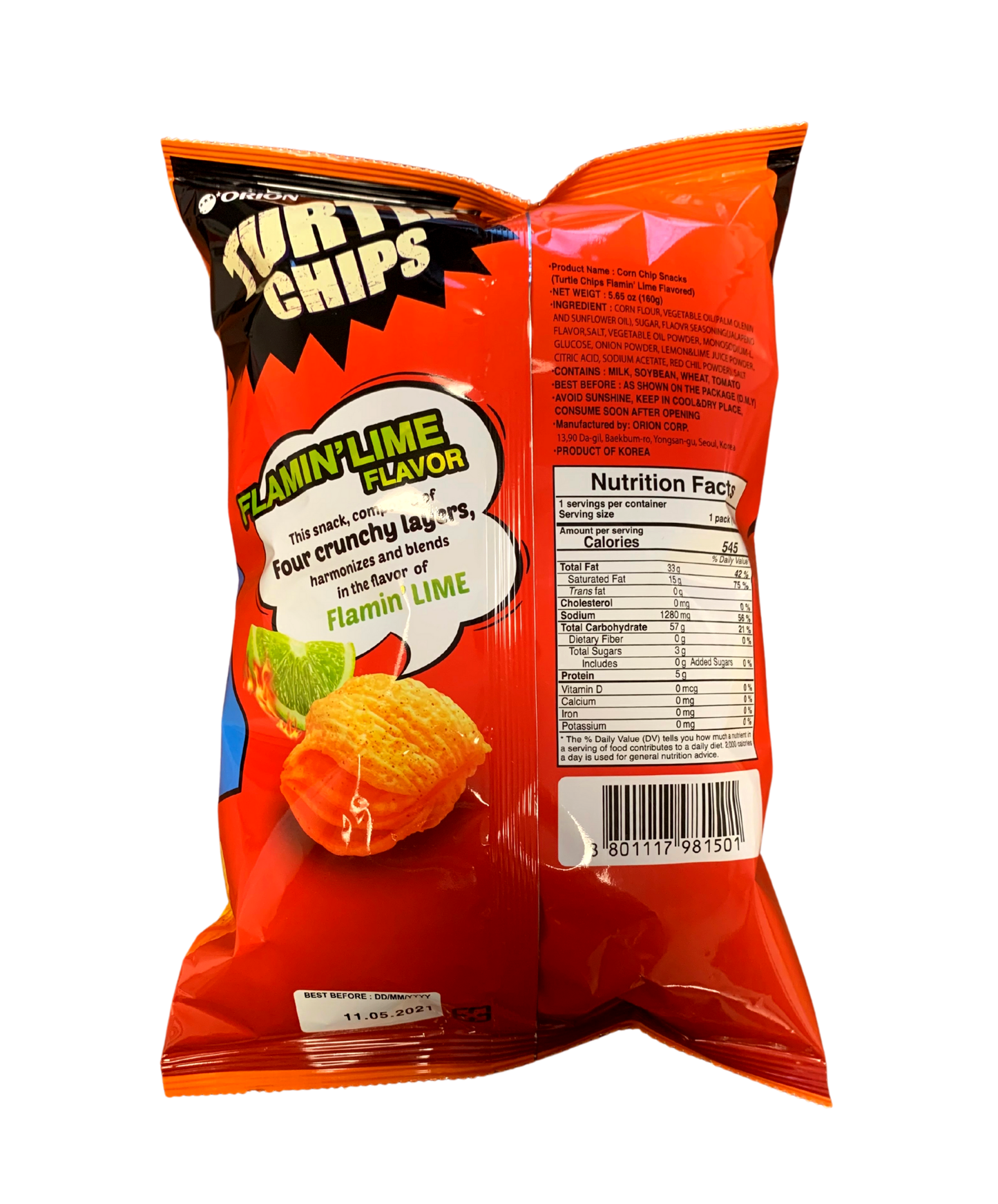 Orion Happy Halloween Turtle Chips Flamin' Lime (160g) - CoKoYam