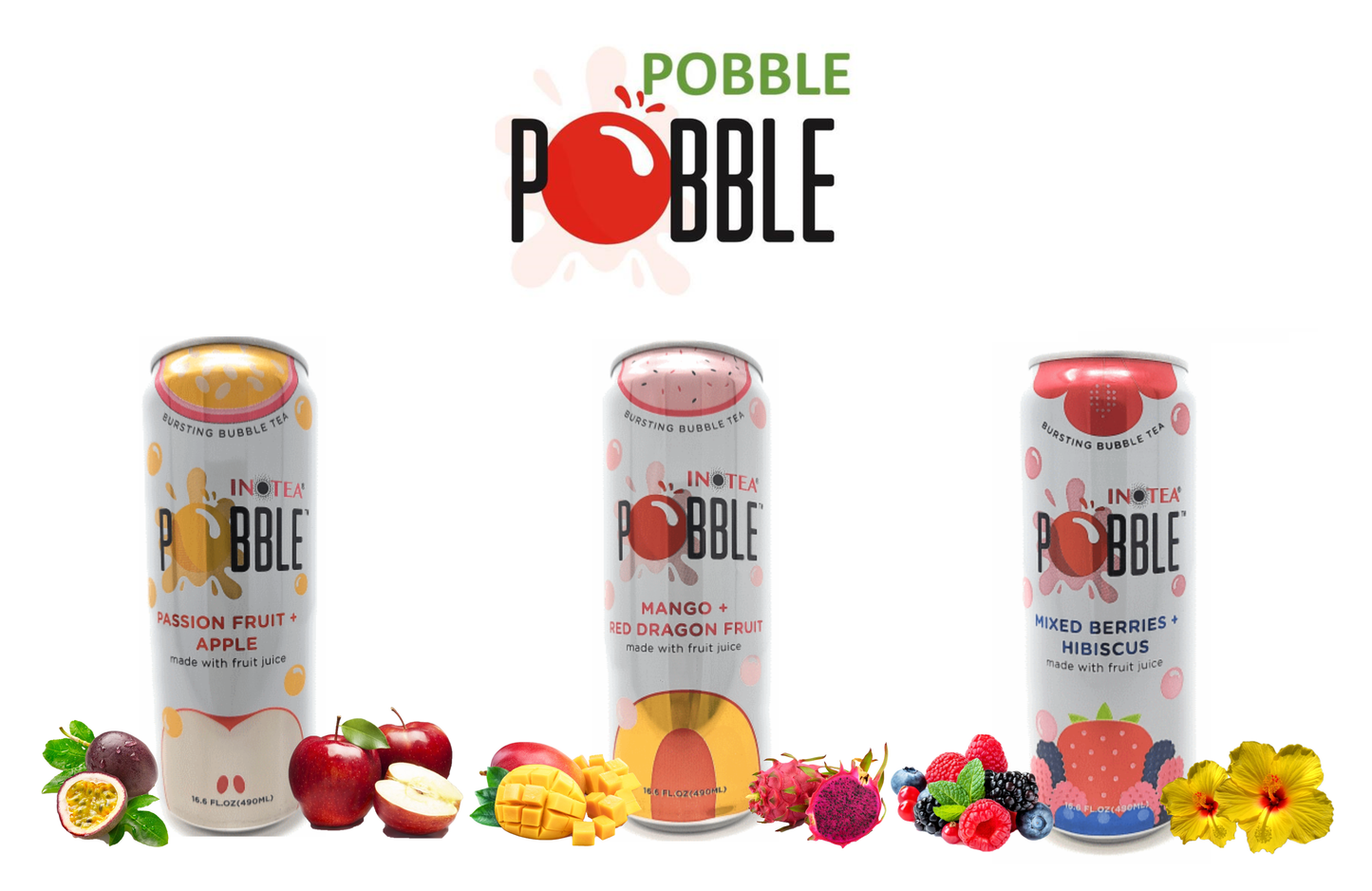 INOTEA POBBLE Bursting Bubble Tea with Fruit Juice 3 Flavors ( 490ml x 1, x 3, x 24 ) - COKOYAM